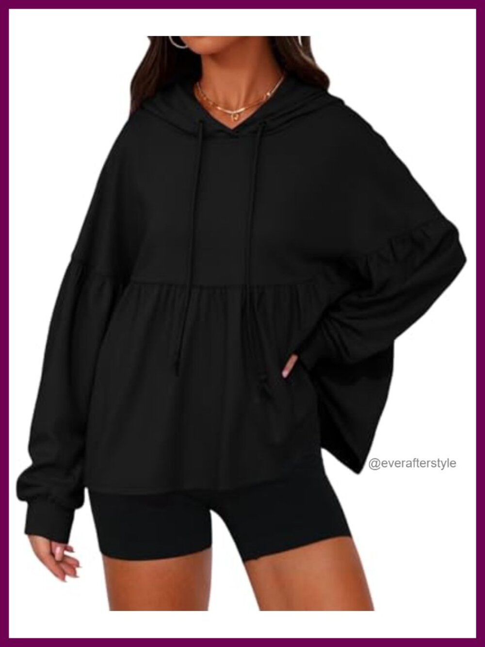 Womens Oversized Hoodie Lantern Sleeve Peplum Hem Pullover